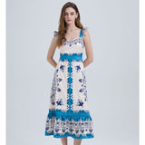 Real shot, summer new elegant positioning printing, high waist lotus leaf edge suspender, big pendulum A-shaped dress