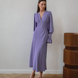 2025 fashion design sense V-neck dress  autumn simple slim A-shaped dress women's  chiffon medium and long dress