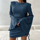 2025 Autumn sexy temperament fashion crew neck flared sleeve tight lace-up dress  knitted solid color skirt
