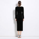 Black golden velvet dress for women's autumn and winter popular new V-neck long-sleeved hip-wrapped temperament slim long skirt