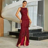 2025 high-end long-sleeved no-quality round neck sexy long sequined banquet evening dress bridesmaid dress women