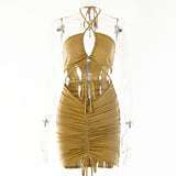 2025 Popular,  ins summer new bright silk dress sexy spice girl halter neck wrinkle strap short skirt