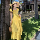 2025 Yellow small flying sleeves square neck suspender dress children's summer new  pure desire seaside vacation waist dress