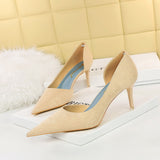 2025 6168-1  fashion, sexy and thin side hollow high heels, thin heel cloth surface, shallow mouth, pointed head, super high heel single shoes