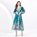 Spring and Autumn Retro Court Style Lantern Long Sleeve V-Neck Waist Skinny Lace-up A-Word Positioning Printed Dress Dress