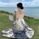 2025 Seaside vacation style new Chinese beach skirt high sense retro ink temperament beautiful v-neck suspender dress