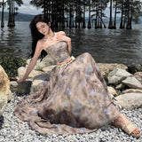 2025 Holiday super fairy beach skirt two-piece set tie-dye tube top women's high-waisted pendulum a-word skirt long skirt set