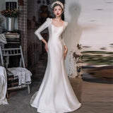 2025 Satin light wedding dress  new bridal long-sleeved simple fishtail  door dress welcome engagement dress spring