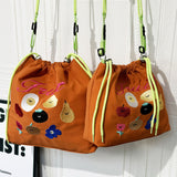 HULIANFU 2025 Spring New Picnic Friends Club Bucket Bag Women's Japanese Outdoor Leisure Embroidery Fruit Shoulder Crossbody Bag