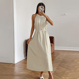 2025 Khaki cotton and linen sleeveless neck high waist A pendulum dress popular  summer breathable fashion new long dress