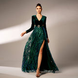 2025 new high-end long-sleeved V-neck banquet sequined split d big pendulum evening dress bridesmaid dress women