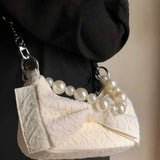HULIANFU 2025 Hot light luxury pleated armpit bag women's summer  super fire bow pearl chain bag crossbody shoulder bag