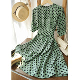 2025 Double crepe mulberry silk dress, polka dot printing green tone skirt  new summer women's clothing wholesale