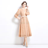 Court style dress women's   retro heavy industry embroidered lantern sleeve waist single-breasted pendulum dress