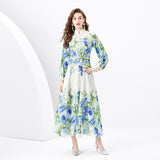 Flower series spring women's popular new high-end printing slim-fitting long  bubble sleeve temperament dress