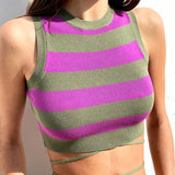 HULIANFU New spring and summer  new knitted vest women's contrasting color striped round neck sleeveless retro knitted sweater short outer wear