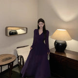 2025 sexy premium purple V-neck ruffle edge waist long-sleeved dress women's vacation atmosphere dress long dress