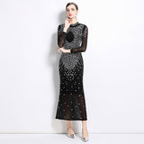 style sexy hot girls dress women's long-sleeved crew neck mesh stitching diamond-set slim-fitting slim-looking hip-wrapped dress tide