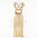 2025 Street photography fashion temperament Spice girl sexy hollow design dress  summer new solid color backless suspender dress