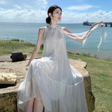 2025 Holiday style white gentle neck dress summer super fairy seaside photo sleeveless off-the-shoulder elegant pendulum dress
