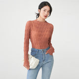 2025 2025 Spring New Women's T-Shirt Long Sleeve Slim Skinny Solid Color Temperament Versatile Pullover Bottom Folded Top