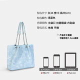 HULIANFU 2025 Female college students take advanced ink and wash blue shoulder bag denim pattern chain large-capacity large bag tote bag women