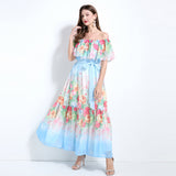 celebrities have a high sense of temperament, one-word shoulder ruffle edge splicing waist and thin elegant printed chiffon dress