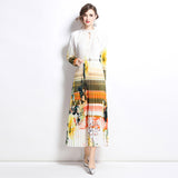 high-end elegant dress women's fashion beaded round neck hollow pleated lantern sleeve waist printed long dress