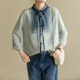 2025 Loose literary shirt casual fashion versatile mesh stitching lace-up short temperament long-sleeved cardigan  summer
