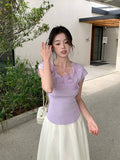 2025 summer new versatile round neck bottoming knitted sweater three-dimensional flower short-sleeved T-shirt women's top 25E05