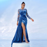 2025 new temperament round neck long sleeve long sequined banquet hip wrap evening dress bridesmaid dress women