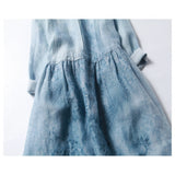 Dress Ramie Printed Crew Neck Seven-quarter Sleeve High Waist Skinny Belt Spring and Summer Medium and Long Literary Linen Dress