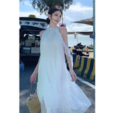 2025 Holiday style white gentle neck dress summer super fairy seaside photo sleeveless off-the-shoulder elegant pendulum dress