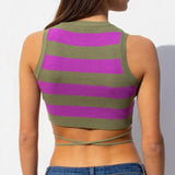 HULIANFU New spring and summer  new knitted vest women's contrasting color striped round neck sleeveless retro knitted sweater short outer wear