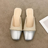 Shoes Slippers Women Summer Cover Toe Low Slides Pantofle Female Mule  Mules Rome Hoof Heels Fabric PU Mules For Women