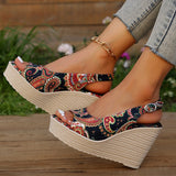 hulianfu Bohemian Style Print Wedge Sandals for Women Peep Toe Chunky Platform Shoes Woman Summer Thick Bottom Gladiator Sandalias Mujer