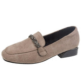 hulianfu Autumn Winter Women Loafers Low Heels Boat Shoes Square Toe Dress Shoes Chain Faux Suede Plush Warm Ladies Shoes Plus Size