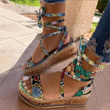hulianfu Women Sandals  Summer Snake Wedge Shoes Ethnic Print Fashion Casual Lace Up Women Shoes Beach Ladies Plus Size Shoes Sandals