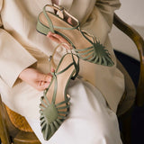 hulianfu Summer Sandals Narrow Band Women Sandals Square Heels Pointed Toe T Strap Sandals Ladies Elegant Green Beige Shoes Large Size 43