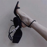hulianfu New Square Toe Women Sandals Crystal Letters Decor Women Pumps Sexy High Heels Silk Wedding Dress Shoes Gladiator Sandal
