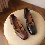 Small High-heeled Single Shoes Thick Heel Retro Thong Shoes Spring and Autumn New Chain Shallow Mouth Square Toe Shoes