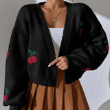 hulianfu Spring  Autumn Jacquard Sweater 2023 New Outerwear Loose Casual Knitted Cardigan Cherry Pattern Cute Short Knitted Jacket