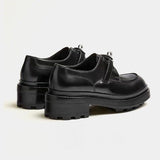Spinrg Autumn Black Leather Women Loafers Lace Up Flat Shoes Women Silver Buckle Round Toe Women Flats Casual Shoes Woman