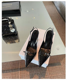 hulianfu Solid Pointed Toe Slingbacks Patent Leather High Heels Buckle Strap Stiletto Pumps Metal Decor Women Shoes Sexy Shallow Zapatos