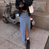 New Cotton Simple Vintage Long A-Line Skirt Slit Denim Skirt Y2K Party Skinny Vestidos Women Clothes Vero Vintage Size