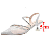 Bling Crystal High Heels Sandals for Women Summer Pointed Toe Rhinestones Thin Heel Pumps Woman Sexy Transparet Mesh Party Shoes