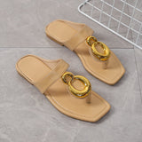 hulianfu Womens Sandals Metal Design Fashion Flip Flop Sandal Flat Heel Roman Vintage Summer Hot Sale Shoes Fashion Casual Sandals Brand
