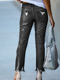 hulianfu Spring/Summer Washed Old Tassel Jeans Women's Mid-waist Solid Color Slim Fit Slim High Elastic Pencil Pants Women  Jeans