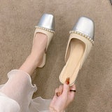 Shoes Slippers Women Summer Cover Toe Low Slides Pantofle Female Mule  Mules Rome Hoof Heels Fabric PU Mules For Women