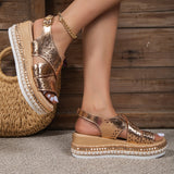 hulianfu Fashion Rivet Wedge Sandals for Women Summer  Gold PU Leather Platform Sandles Female Punk Thick Sole Gladiator Shoes Woman